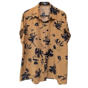 Creation XXL plus sized button down blouse in golden yellow and navy